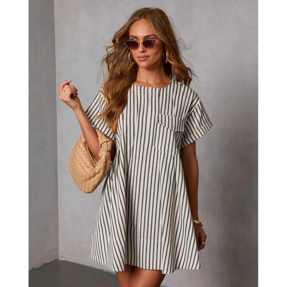 VICI Pinstripe Mini Dress Women L Cotton Coastal Nautical Preppy Boho Chic Beach